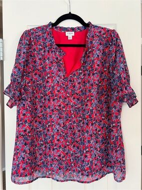 J. Crew Red and Blue Floral Split-Neck Puff Sleeve Blouse